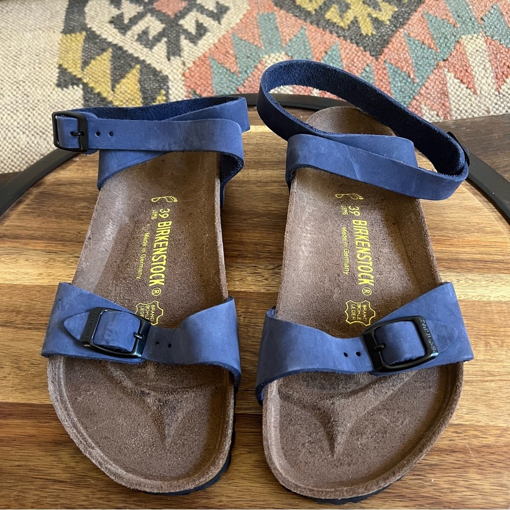 Birkenstock Unisex Blue Leather Double Ankle Strap Comfort Shoes 39 M6 L8 - Picture 3 of 8